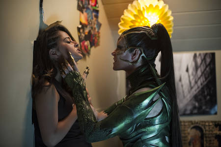 Elizabeth Banks as Rita Repulsa Threatening Becky G. as Trini in Power Rangers