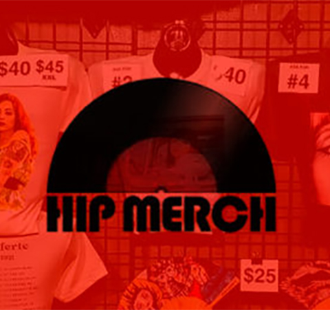 hip merch logo and bands merch in the background